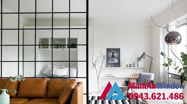 Vách ngăn phòng ngủ đẹp Vách kính khung sắt 8