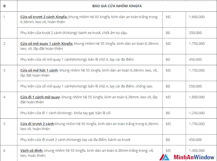 Bảng báo giá Cửa nhôm xingfa< Bảng báo giá Cửa nhôm xingfa<
