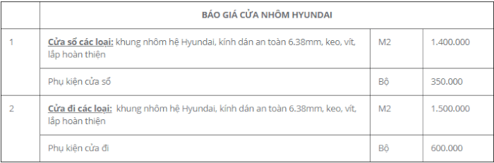 Bảng báo giá cửa nhôm hyundai 2018 Bảng báo giá cửa nhôm hyundai 2018