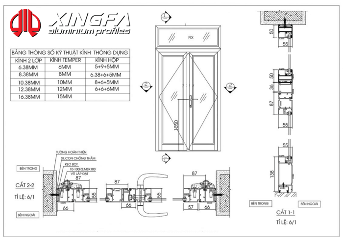 Bản vẽ cửa đi 2 Xingfa hệ 55 cao cấp - Minh An Window cung cấp và lắp đặt