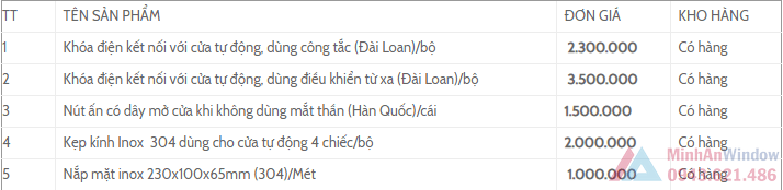Xem bảng giá phụ kiện cửa tự động chính hãng Phu Kien Cua Tu Dong