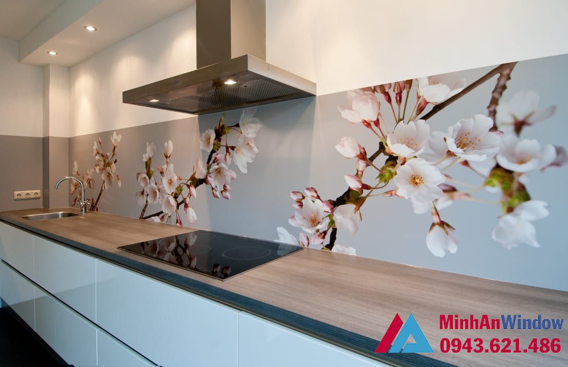 Mẫu tranh kính cường lực hoa đào cao cấp cho nhà bếp Mẫu tranh kính cường lực hoa đào cao cấp cho nhà bếp