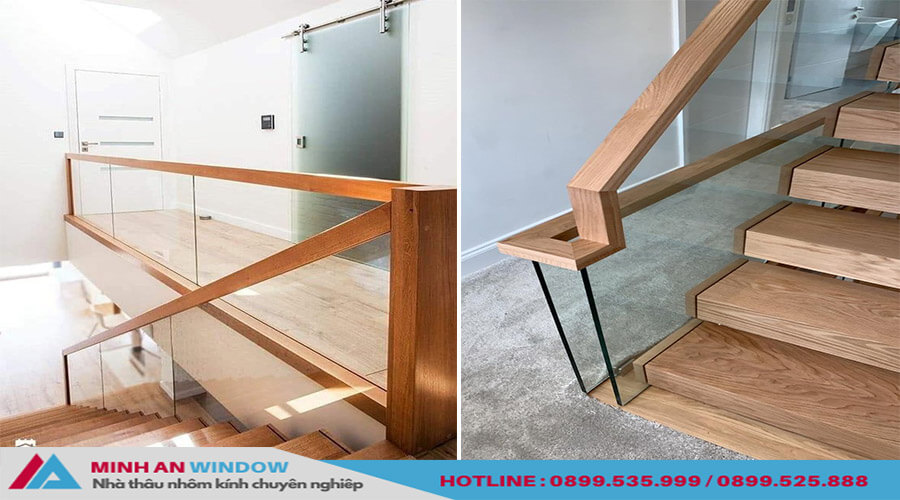 Cầu thang kính tay vịn gỗ vuông – gỗ căm xe