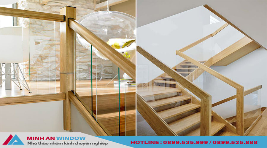 Mẫu Cầu thang kính tay vịn gỗ vuông cao cấp chất lượng nhất 2022