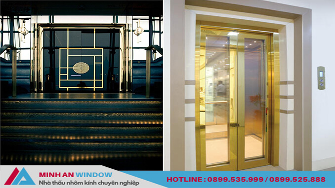 Hai Mẫu Cửa kính inox mạ vàng cho khách sạn và cửa inox vàng gương cho thang máy - Minh An Window đã thi công tại Hà Nội