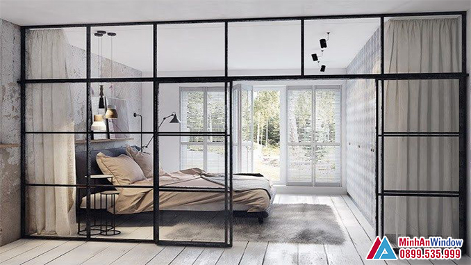 Phòng ngủ sử dụng vách, cưa kính khung sắt đẹp đơn giản