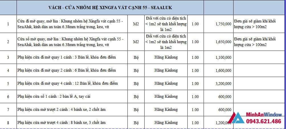 Báo giá vách - cửa nhôm hệ Xingfa vát cạnh 55 - SEAALUCK