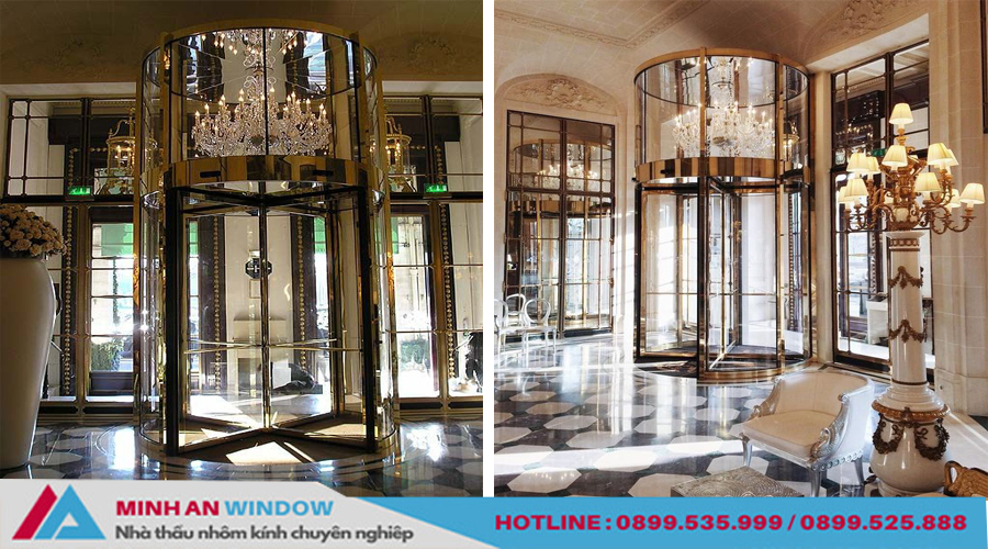 Mẫu cửa kính khung inox vàng gương mở xoay mang sự sang trọng, hoàng gia cho các khách sạn và trung tâm cao cấp.