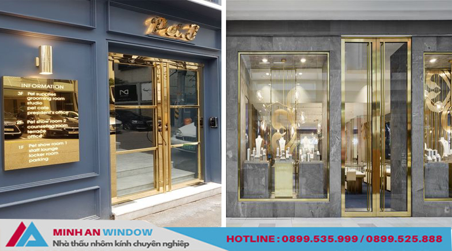 Cửa kính khung inox vàng gương phù hợp với đa dạng thiết kế công trình và vị trí lắp đặt.