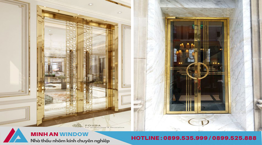 Mâu cửa kính khung inox vàng gương 2 cánh mở quay có thiết kế tính tế, sang trọng.
