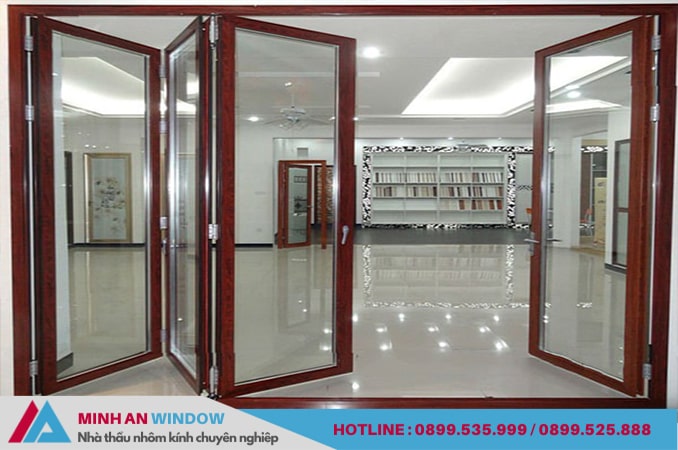 Mẫu cửa nhôm kính giả vân gỗ 4 cánh mở quay Mẫu cửa nhôm kính giả vân gỗ 4 cánh mở quay