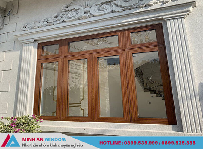 Mẫu cửa nhôm Xingfa vân gỗ 4 cánh - Minh An Window thiết kế và lắp đặt cho nhà biệt thự