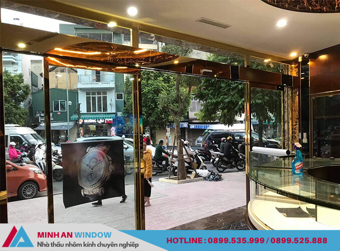 Lắp đặt Cửa kính tự động inox vàng gương cho Cửa hàng Luxury VIP - 68 Trần Phú, Ba Đình, Hà Nội
