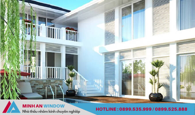 Công trình nhà ở Minh An Window lắp đặt cửa sổ nhôm kính màu trắng và lan can sắt bền đẹp