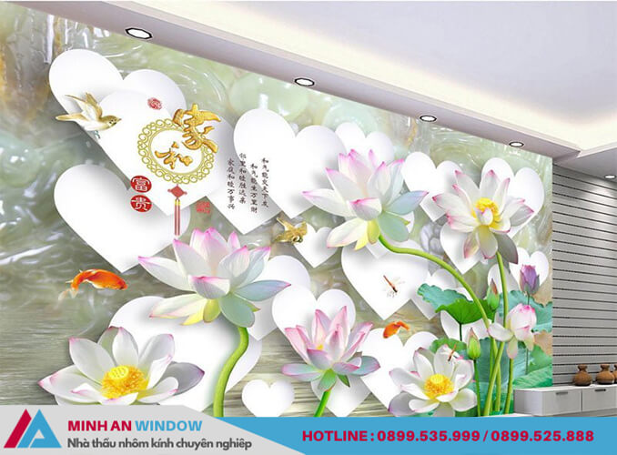 Tranh kính hoa sen trắng cao cấp cho phòng khách chất lượng