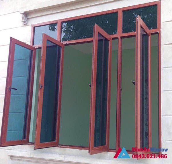 Mẫu cửa sổ nhôm kính màu vân gỗ Minh An Window lắp đặt cho khách hàng tại Sóc Sơn