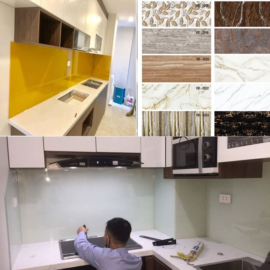 Kính ốp bếp màu vân đá