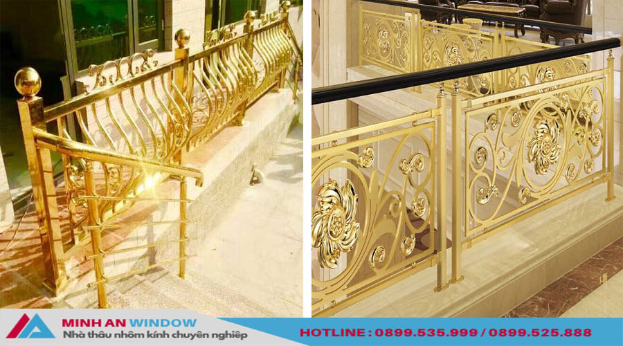 Cầu thang inox mạ vàng phù hợp với hoa văn đẹp mắt phù hợp với các biệt thự cao cấp, các lâu đài, các biệt phủ
