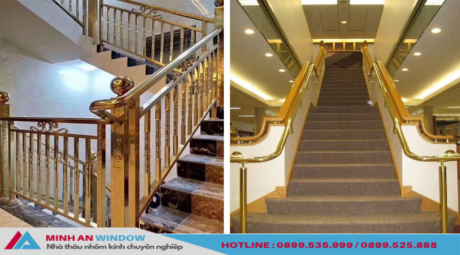  Cầu thang inox mạ màu vàng đơn giản, đẳng cấp phù hợp với nhiều không gian công trình khác nhau.