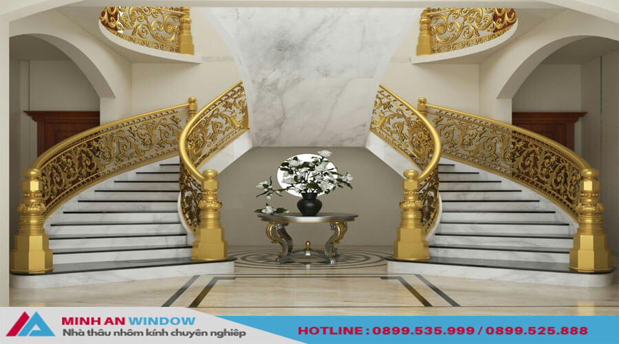 Cầu thang inox mạ vàng phù hợp với hoa văn đẹp mắt phù hợp với các biệt thự cao cấp, các lâu đài, các biệt phủ