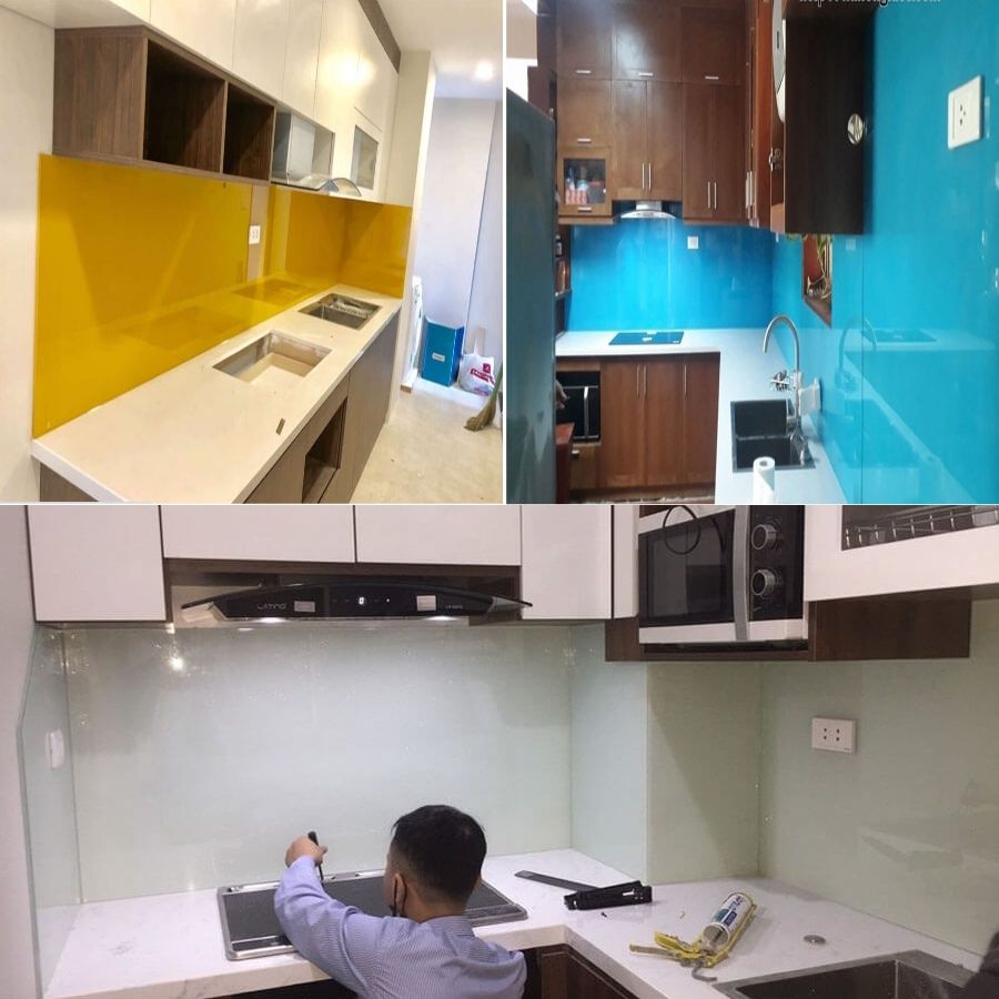 kính ốp bếp màu trắng sữa