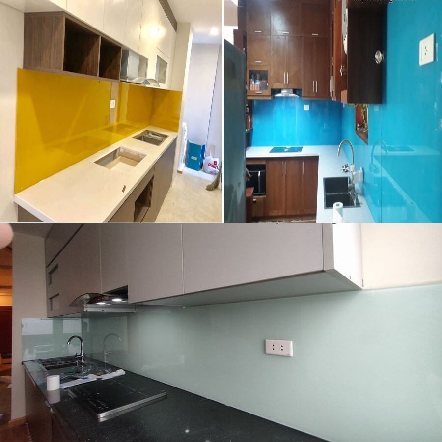 Kính ốp bếp màu xanh trắng
