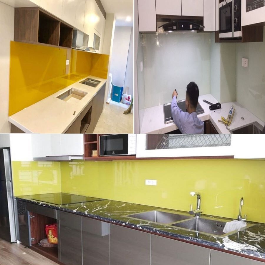 kính ốp bếp màu vàng sữa