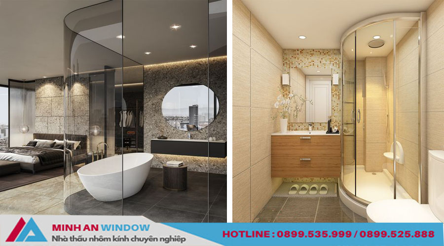 Phòng tắm kính cong được lắp đặt cho khách sạn cao cấp, tạo điểm nhấn đặc biệt cho nội thất.