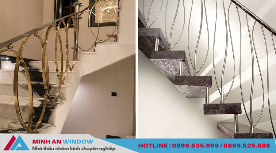 Lan can cầu thang inox với thiết kế tinh tế làm nổi bật nội thất không gian.
