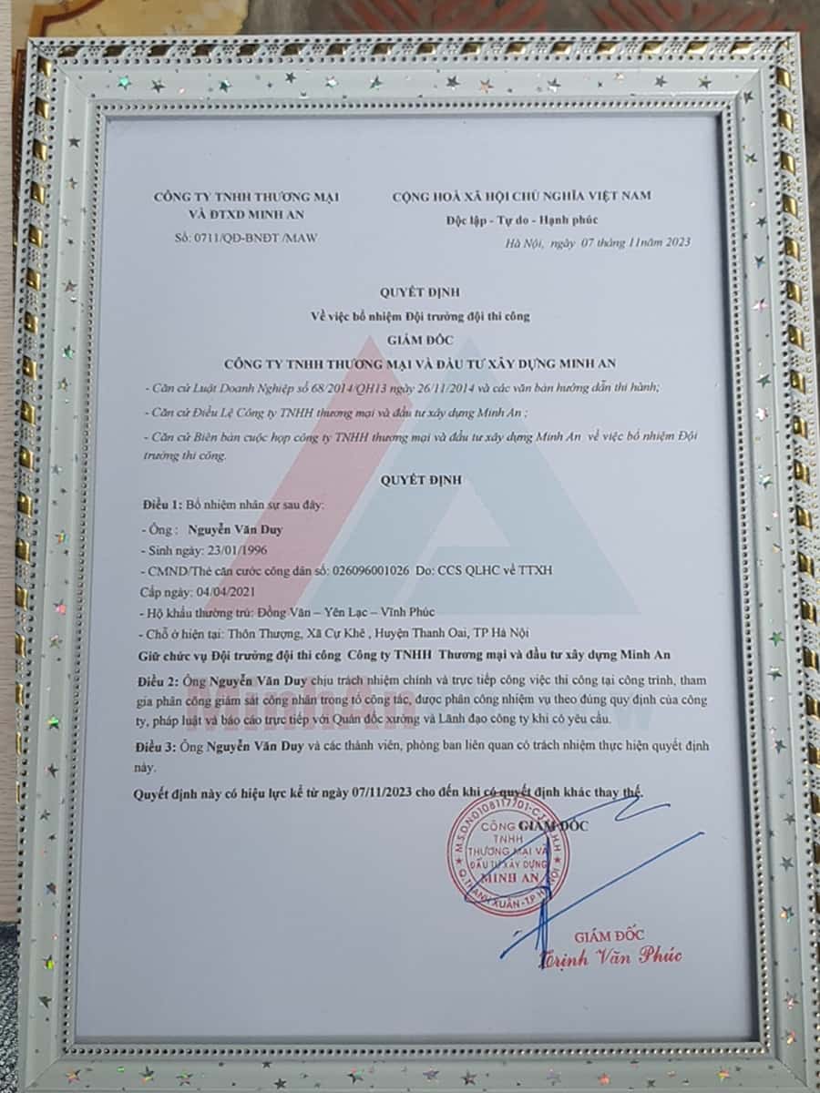 Quyết định về việc bổ nhiệm Nguyễn Văn Duy vị trí Đội Trưởng đội đội thi công