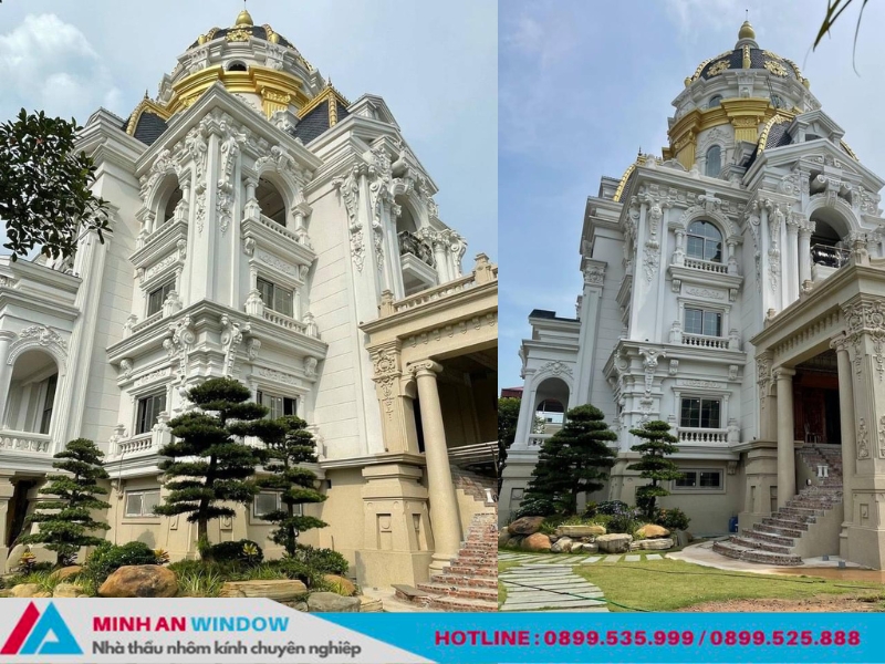 Hình ảnh thực tế tại công trình biệt thự phong cách tân cổ điển với kiến trúc mái vòm mạ vàng sang trọng, được Minh An Window thi công và lắp đặt hệ cửa nhôm kính đồng bộ. Các bộ cửa đi, cửa sổ và vách kính được thiết kế phù hợp với tổng thể kiến trúc, đảm bảo tính thẩm mỹ và độ kín khít cao.
