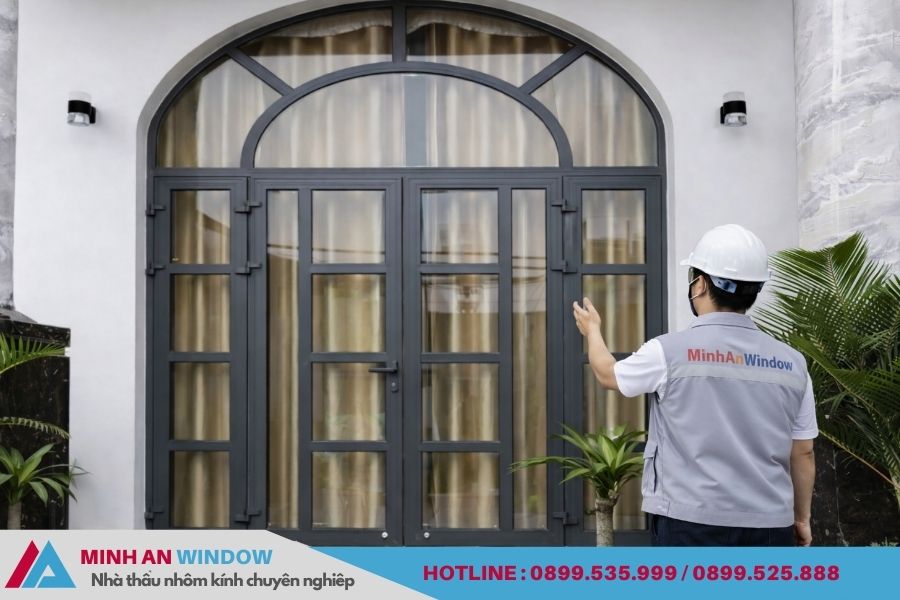 Nhân viên đang giới thiệu cửa đi 2 cánh mở quay, với phần khung vòm , đẹp vừa hiện đại vừa cổ kính. Đây là mẫu cửa đi xu hướng của những năm gần đây, quý khách có thể tham khảo Nhân viên đang giới thiệu cửa đi 2 cánh mở quay, với phần khung vòm , đẹp vừa hiện đại vừa cổ kính. Đây là mẫu cửa đi xu hướng của những năm gần đây, quý khách có thể tham khảo