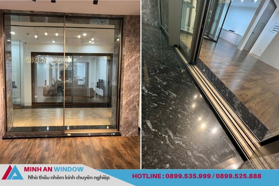 Phòng khách sử dụng cửa nhôm kính cao cấp, đây là dòng cửa nhôm romadio nhập khẩu italia đồng bộ. Mang lại cảm giác đồng bộ cực kì sang trọng, cửa có thể trượt về hai phía, ray rượt không lộ nên tạo cảm giác liền mạch và sạch sẽ cho không gian phòng khách