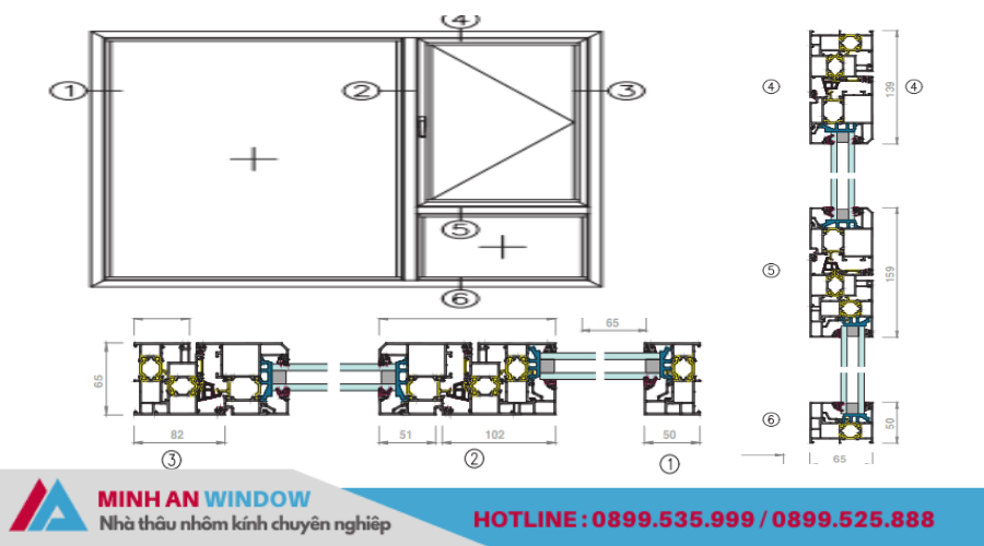 Bản vẽ kỹ thuật cửa sổ mở quay hệ 65