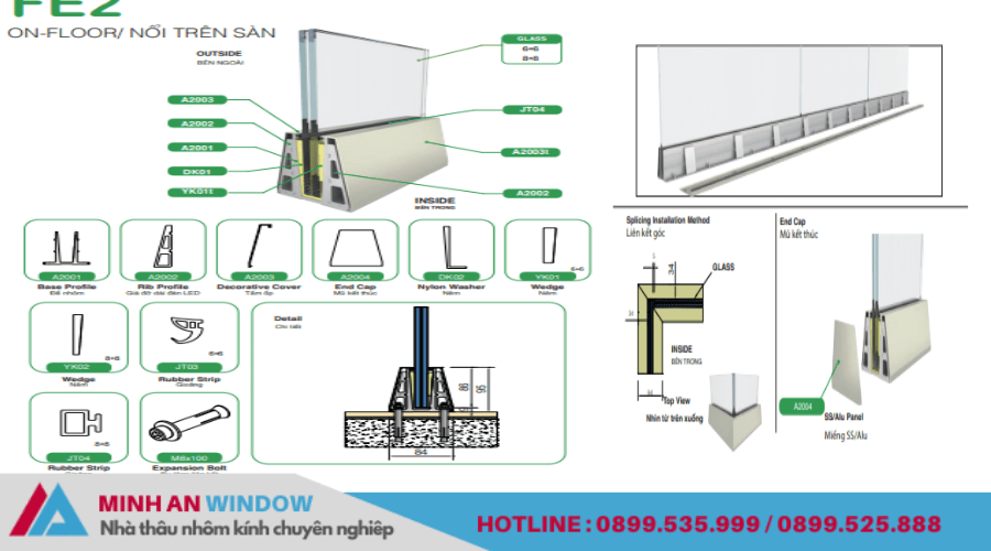 Cấu tạo lan can kính nổi trên sàn (FE2)