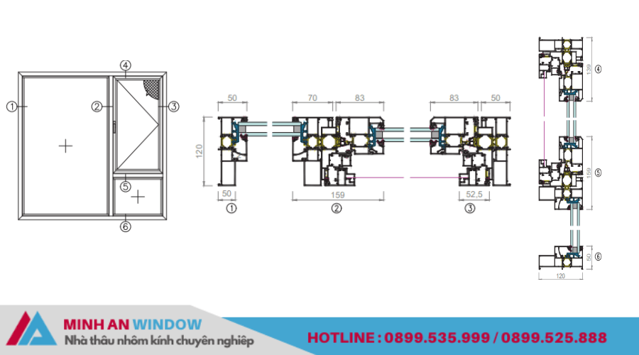 Bản vẽ cửa sổ mở quay hệ 120 