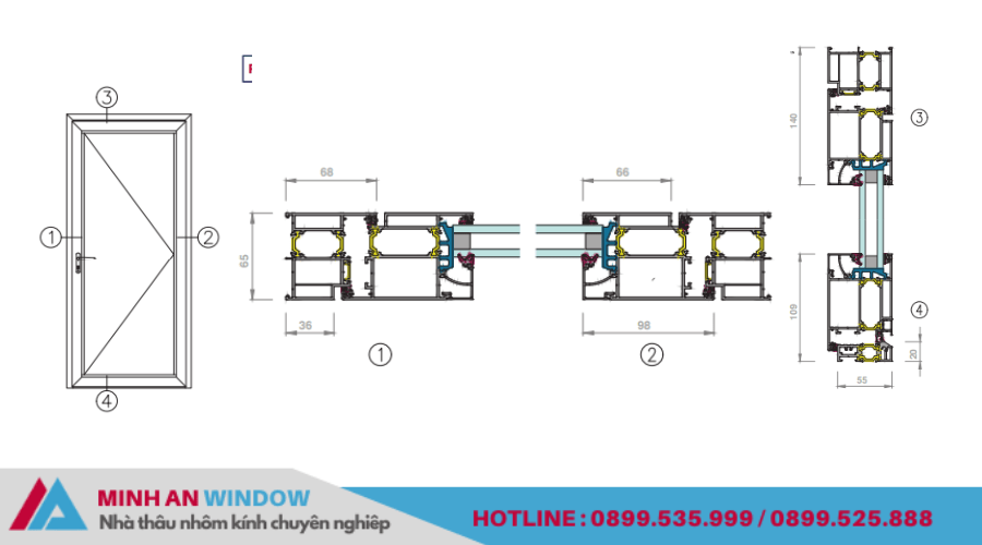 Bản vẽ kỹ thuật cửa nhôm mở quay hệ 65