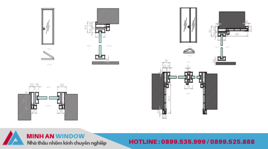 Bản vẽ cửa Slim mở quay vào trong 