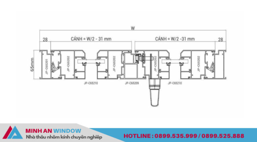 Mặt cắt nhôm Maxpro hệ 65 