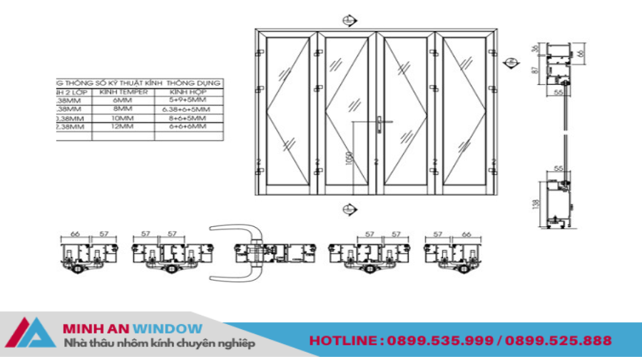 Bản vẽ Cad cho cửa nhôm Xingfa 4 cánh 