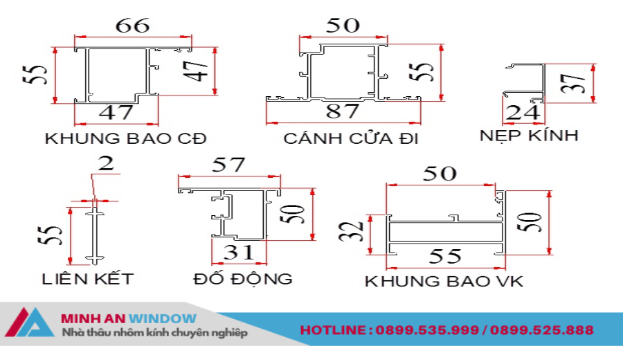 Kích thước 1 số khung bao cửa nhôm kính 