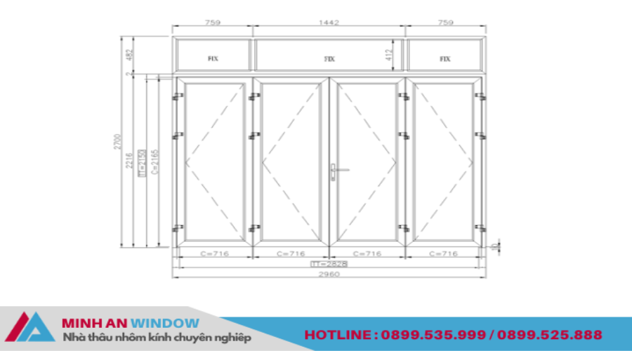 Kích thước cửa nhôm kính 4 cánh