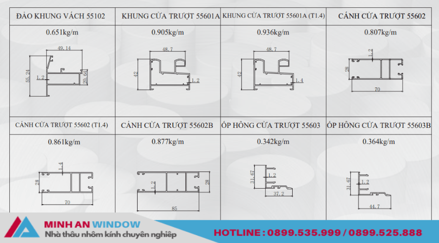 Mặt cắt nhôm PMA vân gỗ hệ 55 