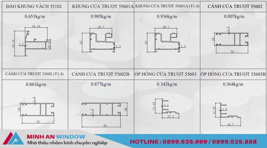 Mặt cắt nhôm PMA hệ vát cạnh - 02