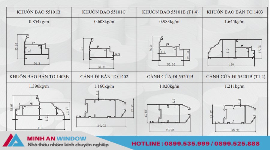 Mặt cắt nhôm PMA hệ vát cạnh 