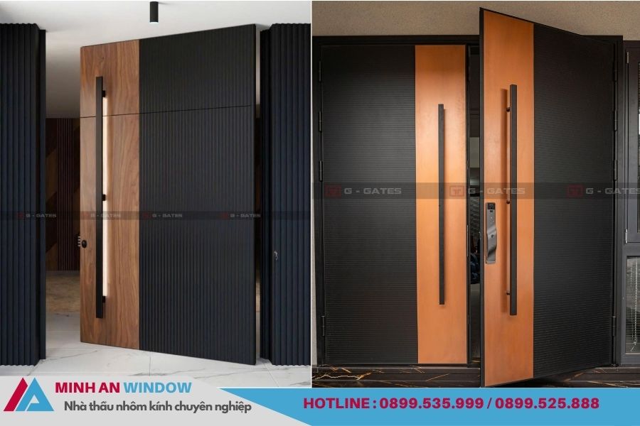 Mẫu cửa nhôm tấm cnc xám , màu tối giản hoạ tiết sang trọng