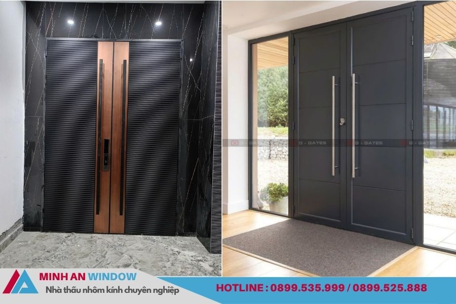 Cửa nhôm tấm cnc tối màu sang trọng kết hợp khoá điện