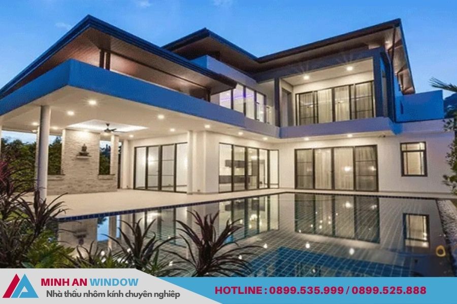 Cửa nhôm kính cao cấp cho biệt thự hiện đại có hồ bơi