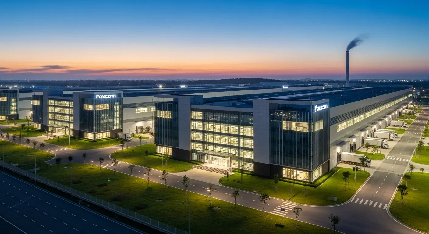 Nhà máy Foxconn Bắc Giang hiện đại với các tòa nhà sản xuất và khu vực bốc dỡ hàng vào buổi tối