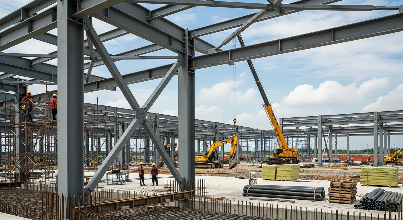 Công trường xây dựng nhà máy Foxconn Bắc Giang với kết cấu thép lớn, cần cẩu, máy xúc và công nhân đang làm việc.